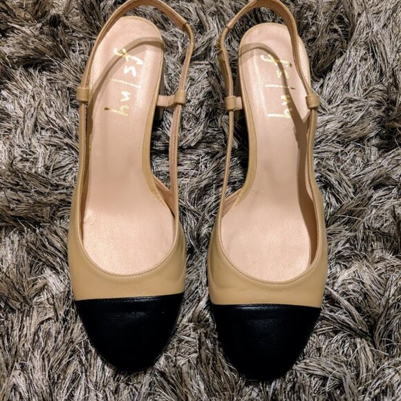Tuckernuck French Sole Cap Toe Tan & Black Slingback Heels 7.5 NEW - Picture 4 of 9